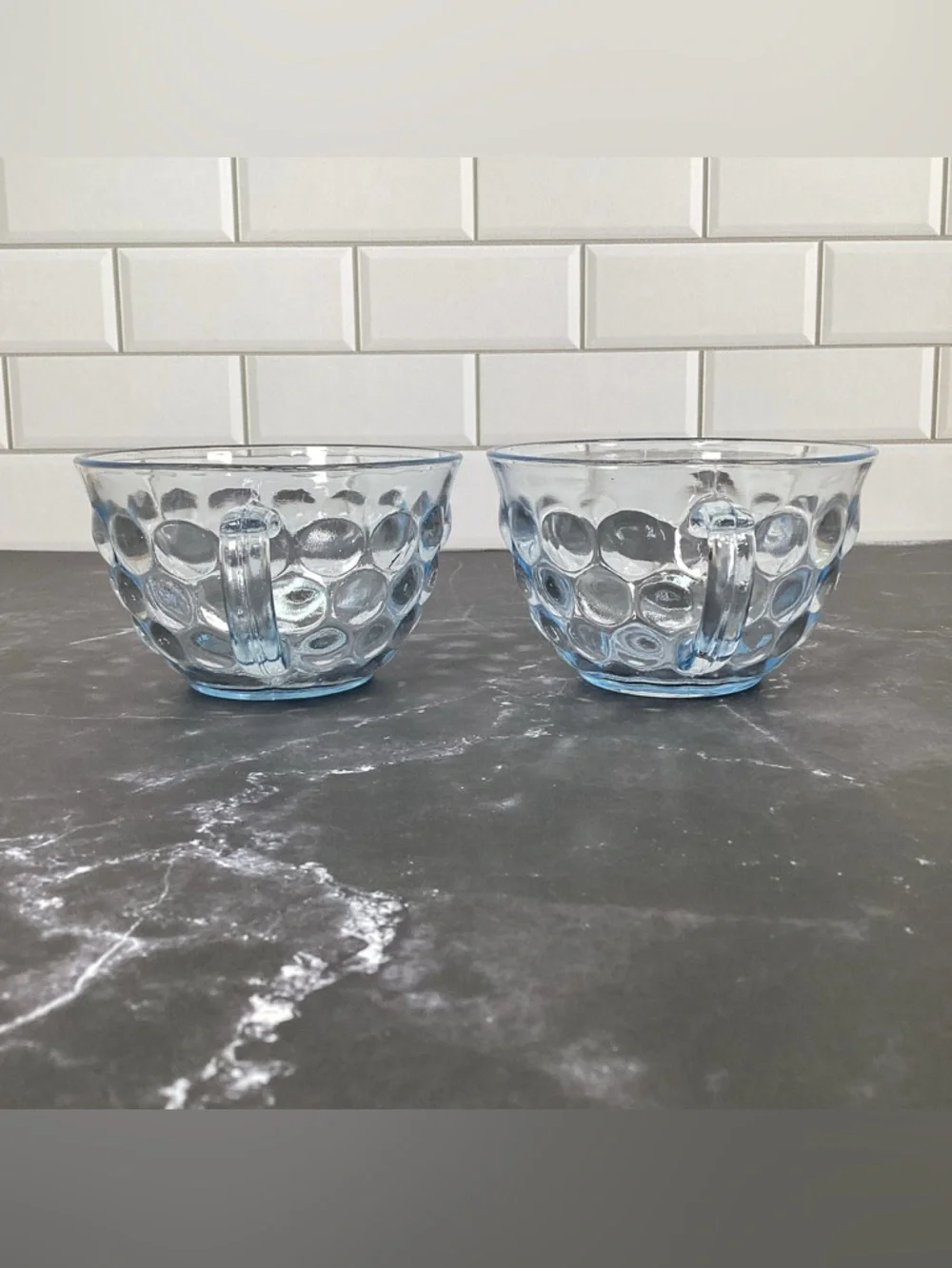 4 Vtg Anchor Hocking Blue Bubble Glass Teacups Or Punch Glasses Depression Glass